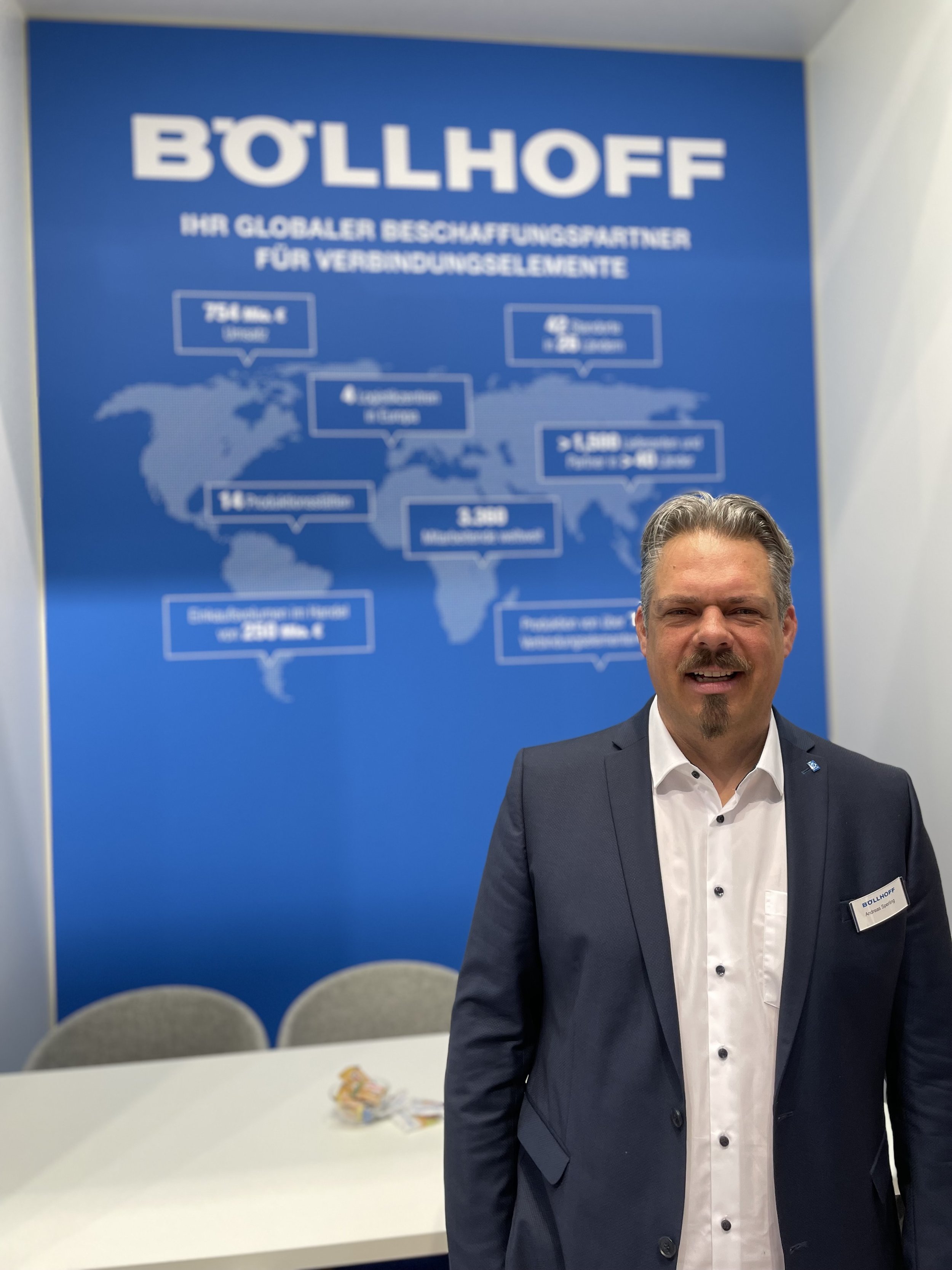 Mann in Anzug steht vor einer blauen Wand mit der Aufschrift "Böllhoff, Ihr globaler Beschaffungspartner für Verbindungselemente" und einer Weltkarte im Hintergrund.