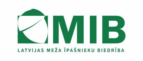 Logo of Latvijas Meža īpašnieku biedrība with green text and a stylized leaf design.