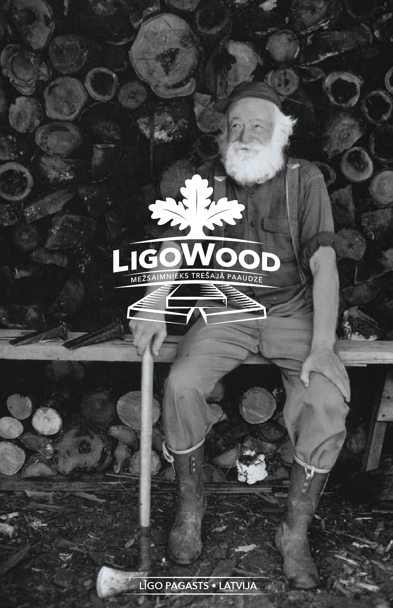 Elderly man sitting in front of stacked logs, holding an axe, with a logo for Ligowood, featuring text in Latvian. Location mentioned as Līgo Pagasts, Latvia.