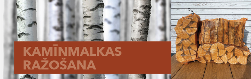 Birch trees background with text in Latvian "Kamīnmalkas Ražošana" overlaid on the left, and stacked firewood packaged in net bags on a wooden surface on the right.