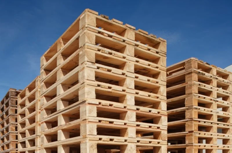 Stacks of wooden pallets under a clear blue sky.