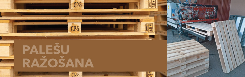 Wooden pallets stacked and displayed by manufacturing equipment, with text in an unidentified language indicating pallet production.