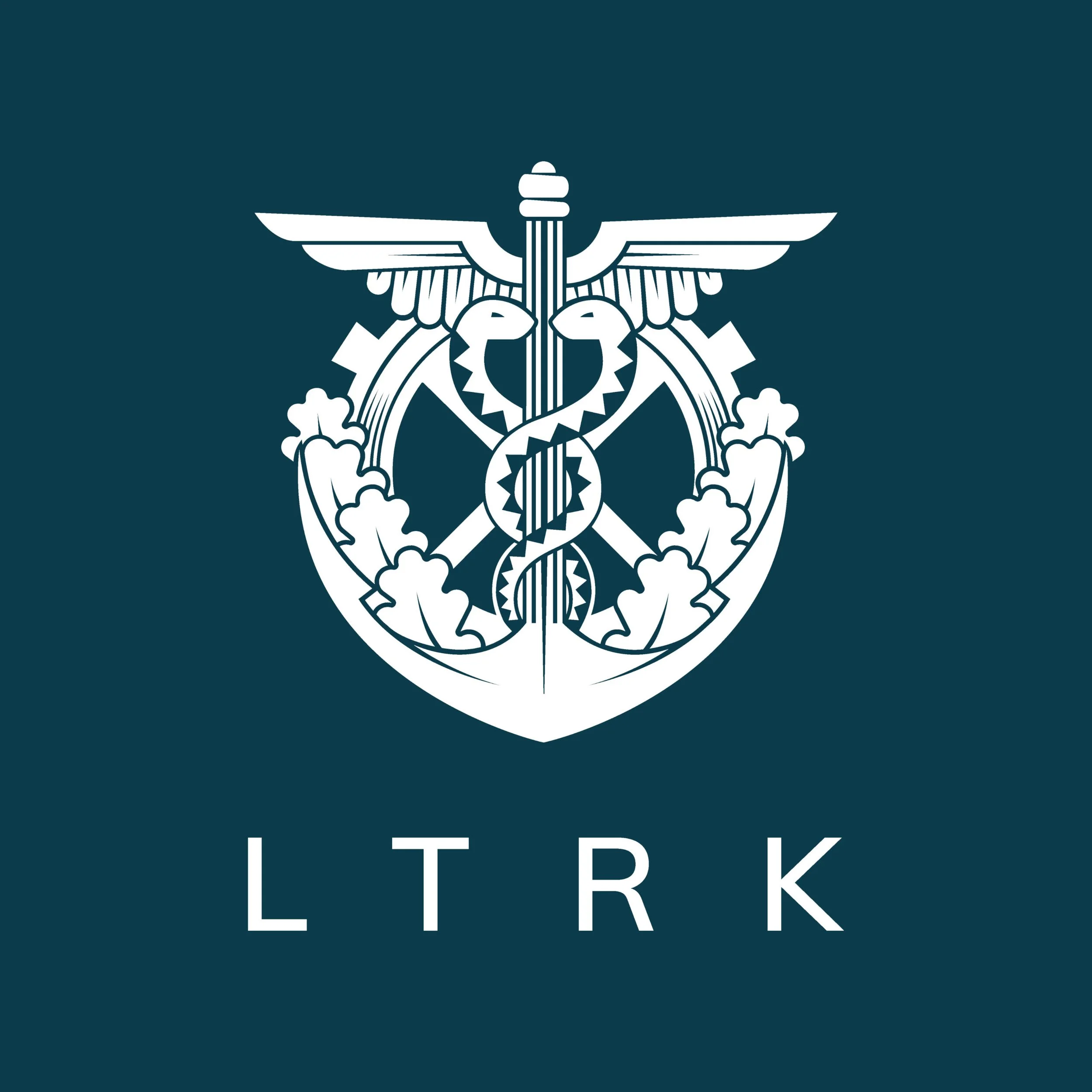 Illustration of a symmetrical emblem featuring two intertwined snakes around a winged staff, flanked by oak leaves, with the letters 'LTRK' below.
