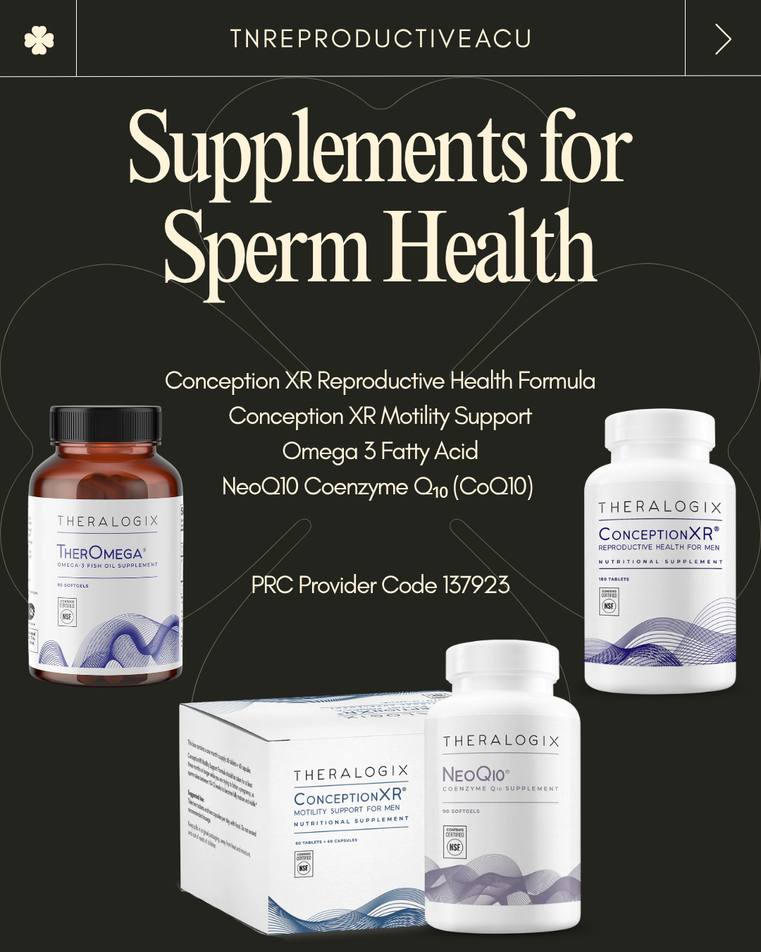 An image showing recommended male fertility supplements: Omega 3, CoQ10, and Conception XR antioxidant  support from Theralogix.