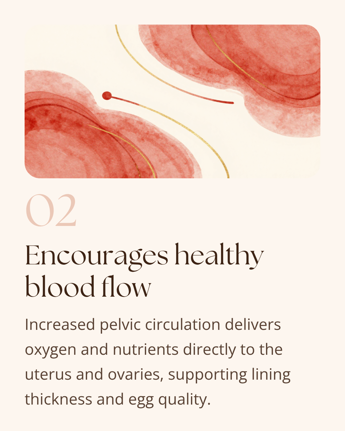 An abstract drawing of health blood cells and the text "Fertility Acupuncture encourages healthy blood flow: Increased pelvic circulation delivers oxygen and nutrients directly to the uterus and ovaries supporting lining thickness and egg quality"