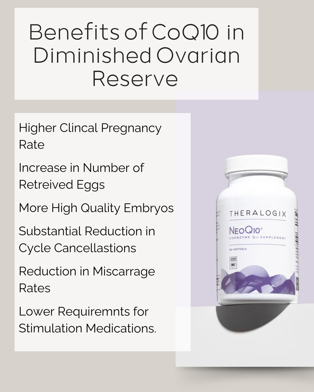 A bottle of Theralogix NeoQ10 with PRC Discount Code and the test: Benefits of CoQ10 for DOR: higher pregnancy rate, increased # of eggs, high quality embryos, reduction in cancelled cycles, lower med requirements.