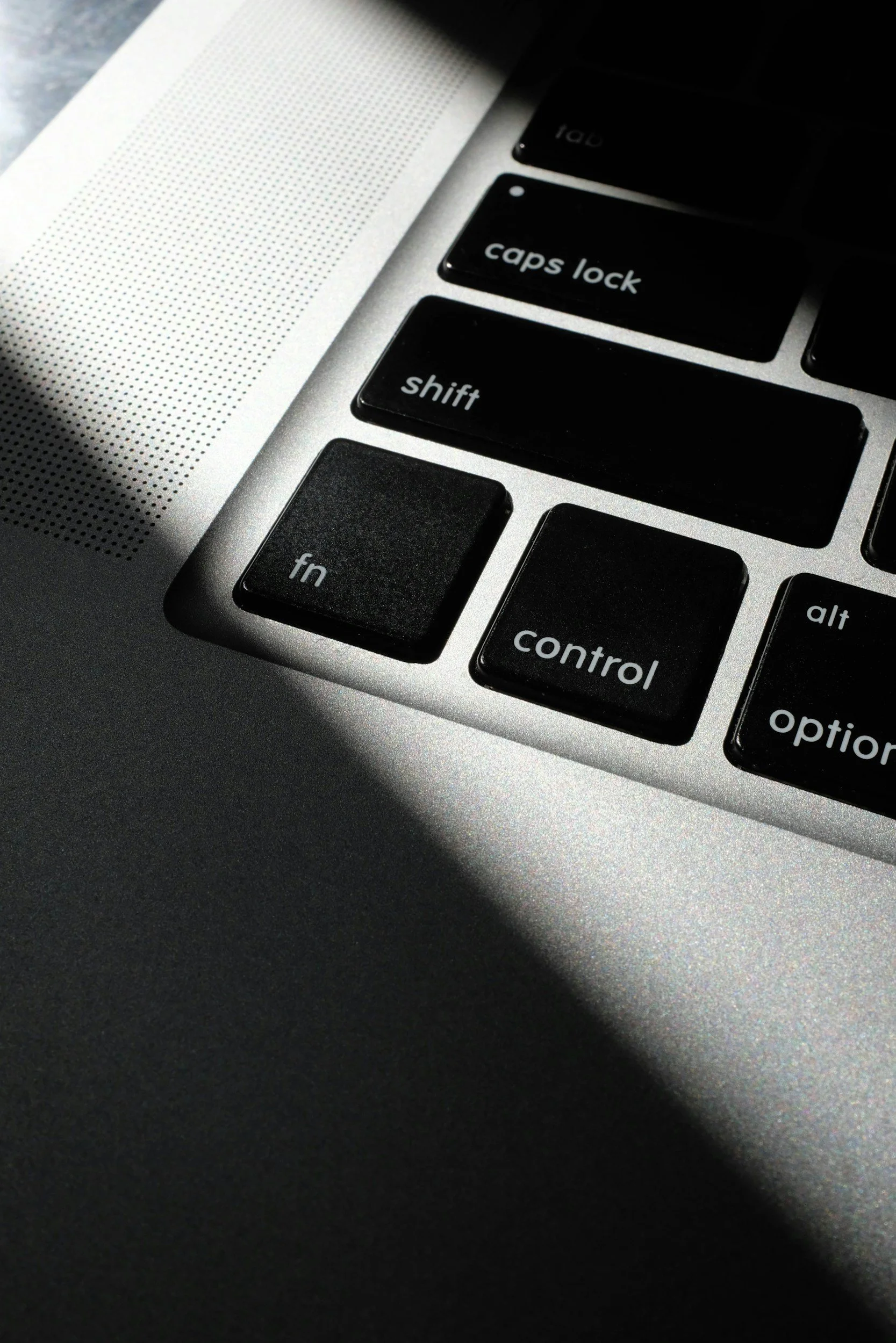 Close-up of MacBook keyboard with visible fn, control, and option keys, illuminated by diagonal sunlight.