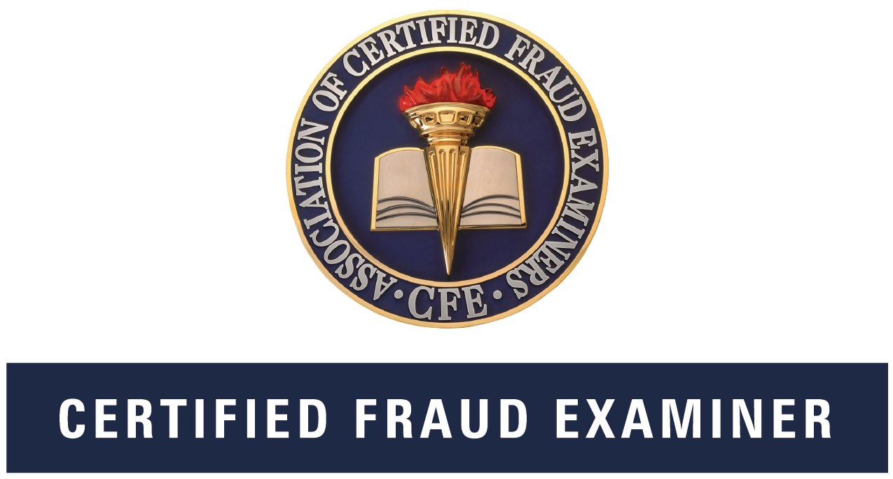Emblem of the Association of Certified Fraud Examiners with a torch and book, and text "CERTIFIED FRAUD EXAMINER" below.
