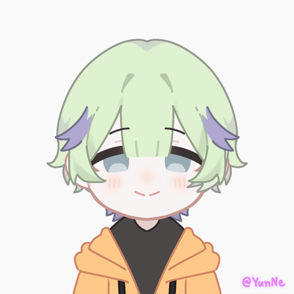 Cute anime-style character with green hair, purple tips, and a hoodie smiling softly.
