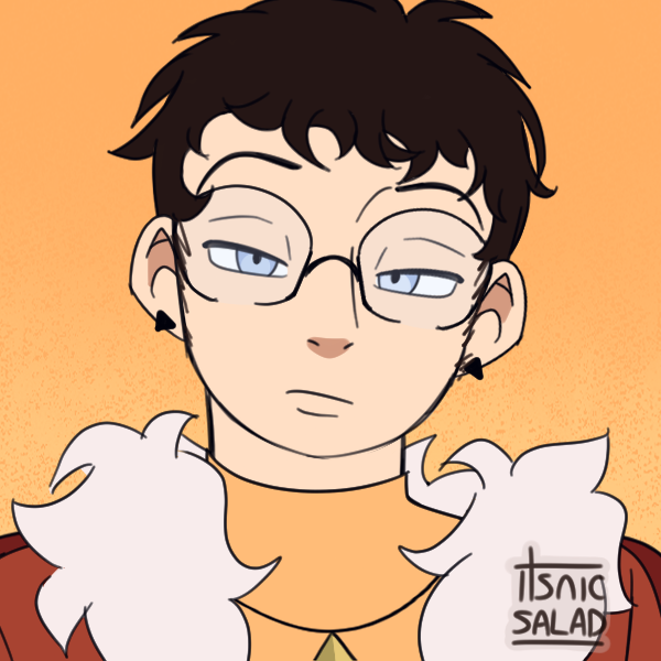 Anime-style drawing of a person with short black hair, glasses, earrings, and a serious expression, wearing an orange top and white fluffy jacket, with a background of orange and pink gradient.