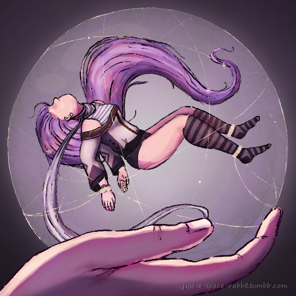 A digital illustration of a girl with long purple hair floating above an open hand in a celestial background. The girl is dressed in a gothic outfit with striped stockings and is inside a transparent bubble with star-like patterns.