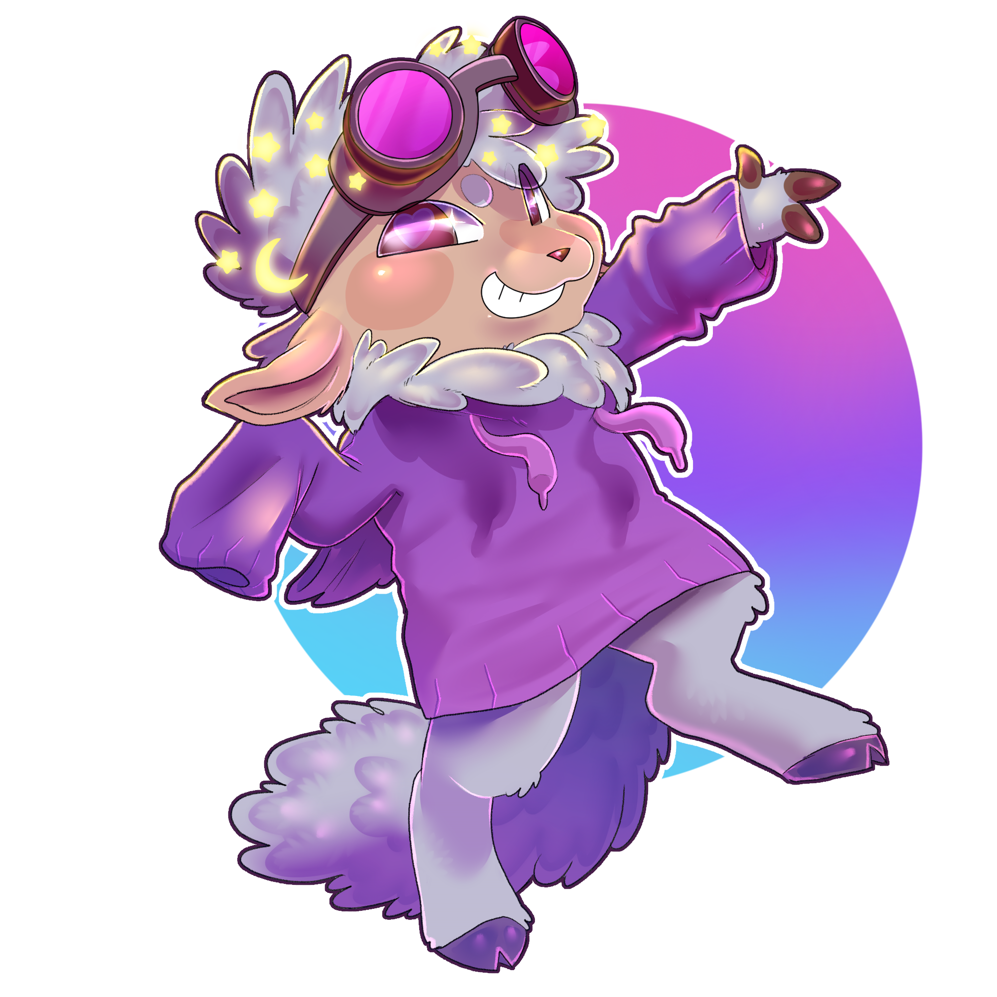 A cute, anthropomorphic sheep character with glasses and a purple hoodie, wearing goggles with pink lenses, smiling confidently with one arm raised, standing in front of a circular purple and blue background.