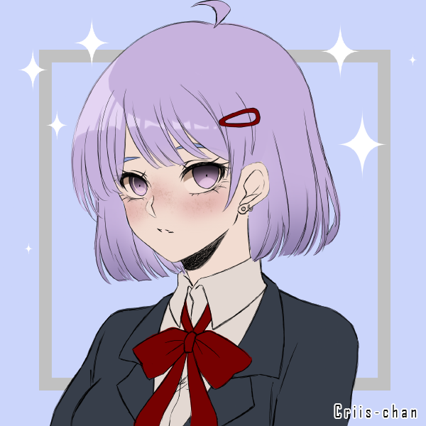 Anime-style girl with lavender hair, purple eyes, a red hair clip, and a red bow tie, wearing a school uniform, with sparkling background.
