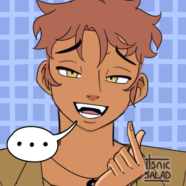 A cartoon character with light brown, messy hair, yellow eyes, and fangs, smiling and making a finger gun gesture, with a speech bubble containing three dots.