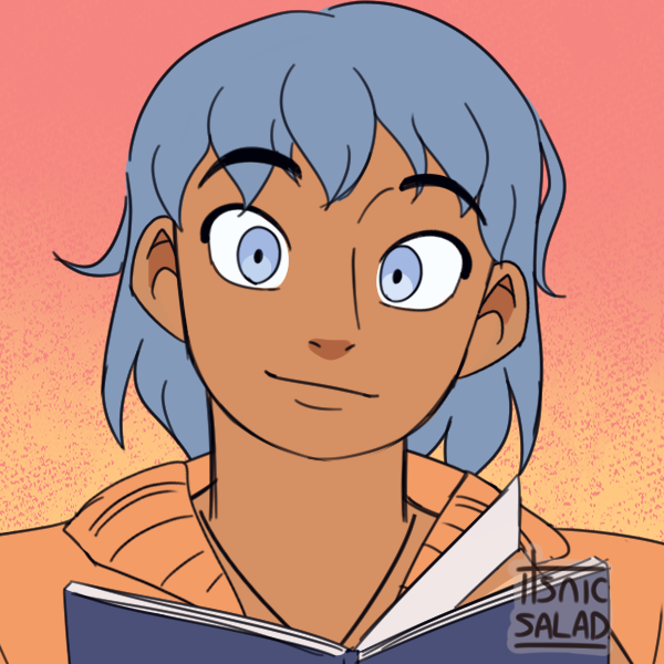 Anime-style character with blue hair reading a book against a pink gradient background.