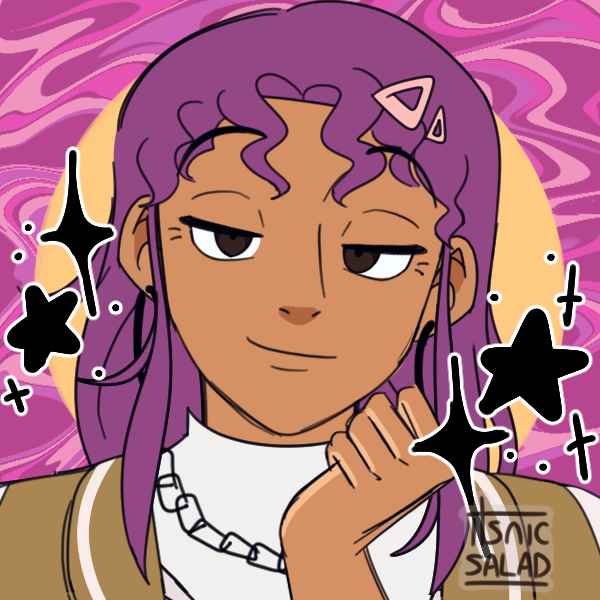 Anime character with purple hair, making a confident gesture with a hand near his chin, surrounded by sparkles and a pink swirling background.