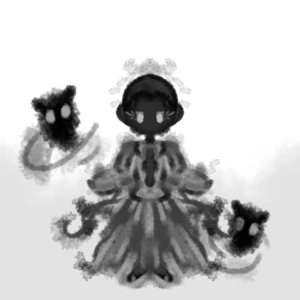 Black and white digital illustration of a girl in a dress with two small floating creatures with wolf-like faces.