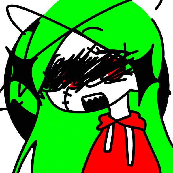 Cartoon character with green hair, wearing a red hoodie, and black scribbles obscuring their eyes, appearing angry or upset.