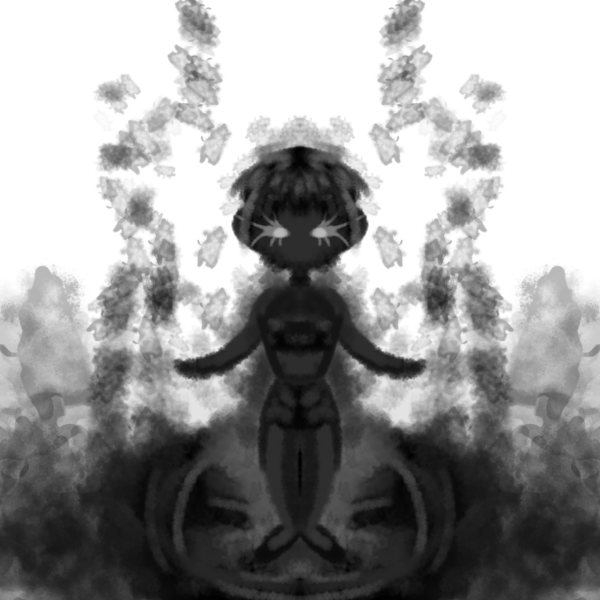A black and white abstract symmetrical image resembling a cartoon girl with closed eyes and short hair, surrounded by cloud-like shapes.