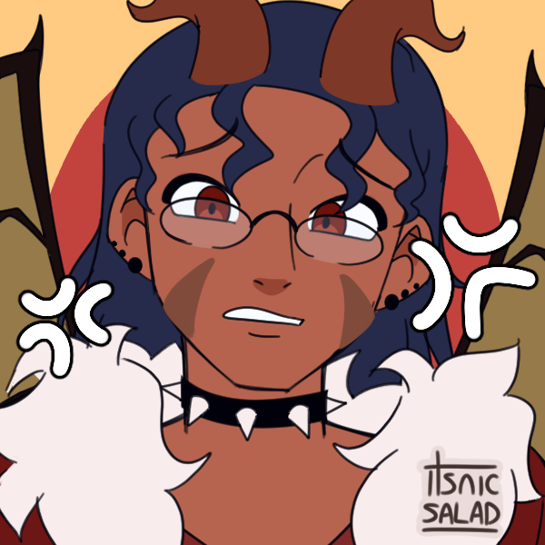 Animated character with dark blue hair, horns, glasses, and a spiked choker, showing an angry expression, with white fur and wings.