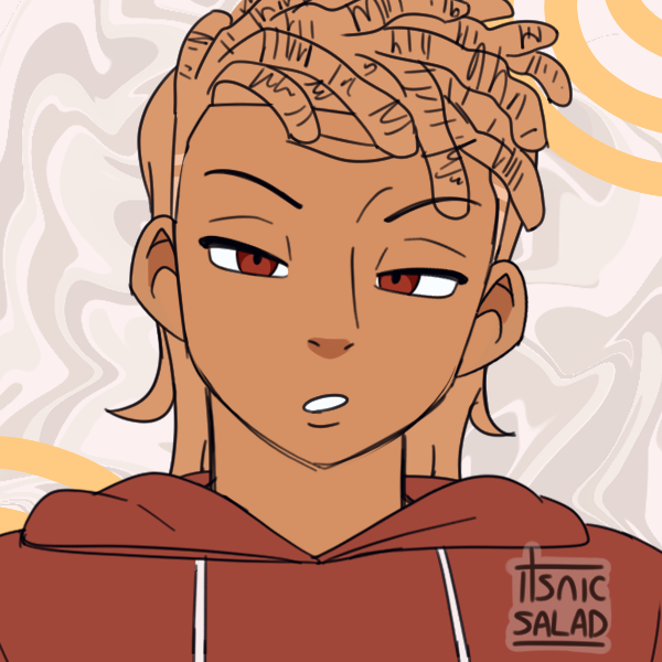 Anime-style illustration of a person with light brown skin, dreadlocks, and a brown hoodie, looking with a skeptical expression. The background features abstract swirls and shapes.