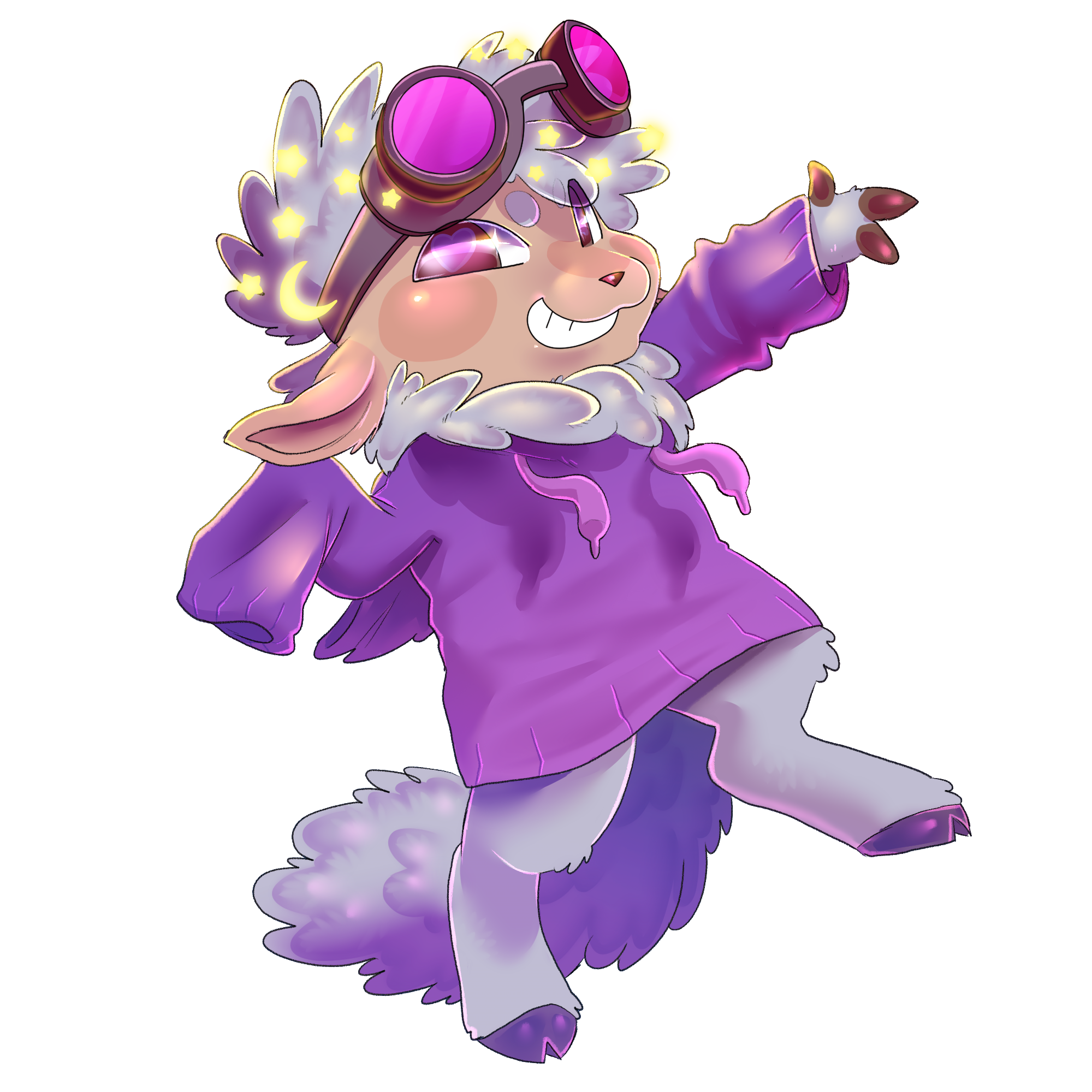 A cheerful anthropomorphic sheep character dressed in a purple hoodie and goggles, with long ears, a fluffy tail, and a confident pose, smiling and pointing forward.