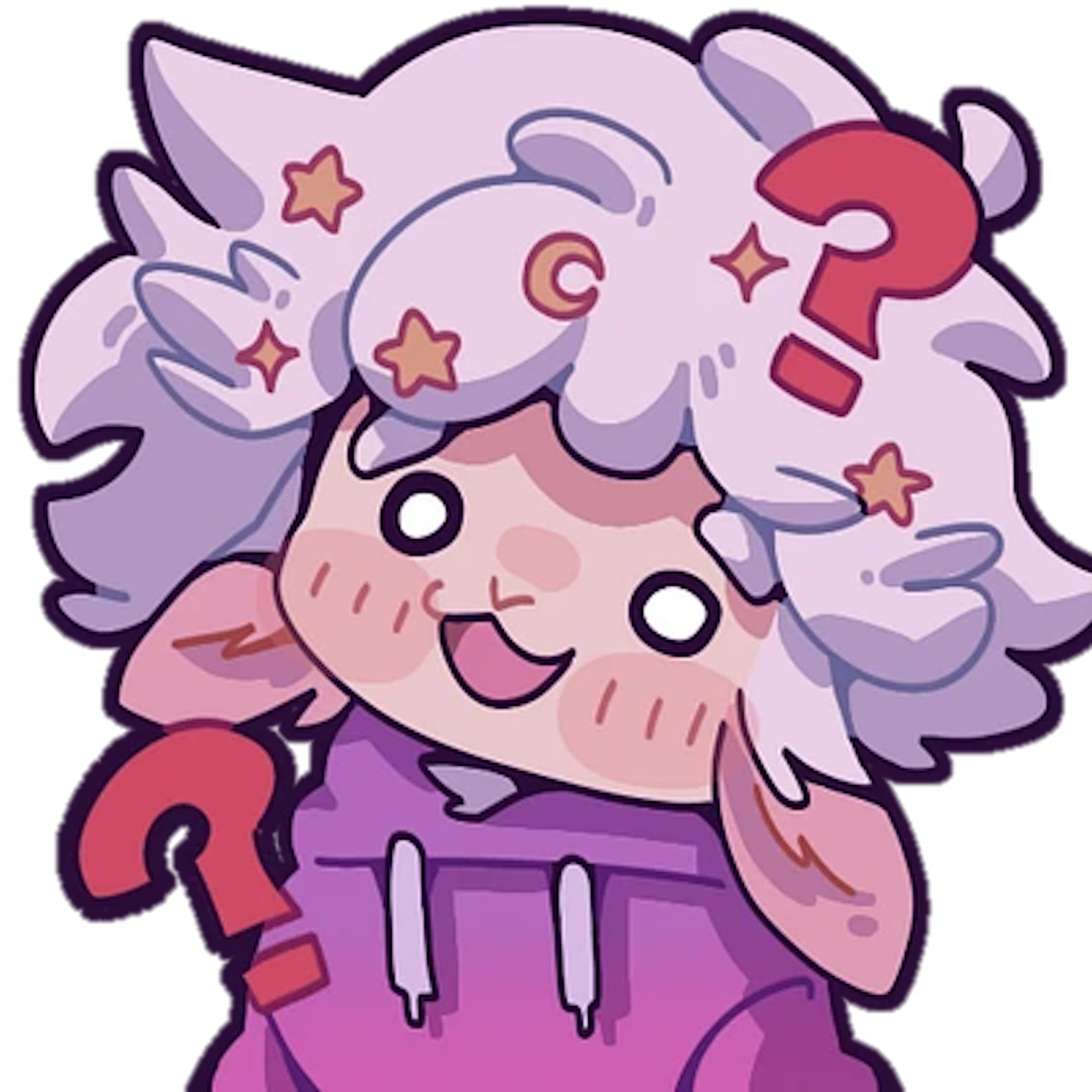 Cartoon sheep character with purple curly hair, blushing cheeks, purple hoodie, surrounded by question marks and stars.