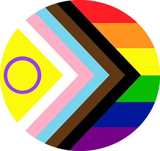 Circle with LGBTQ+ pride flags, including rainbow, trans pride, non-binary, and other pride symbols.