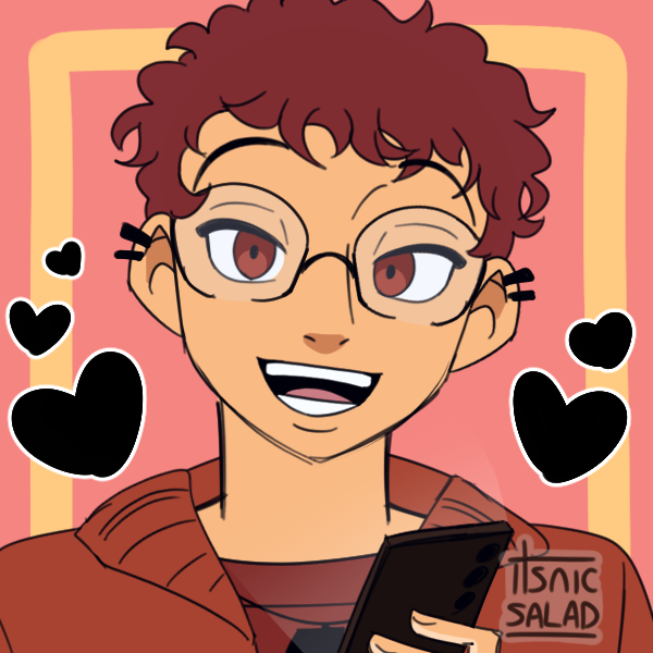 Anime-style illustration of a smiling person with short curly hair, glasses, and earrings holding a smartphone, surrounded by black hearts, with a pink and yellow background.