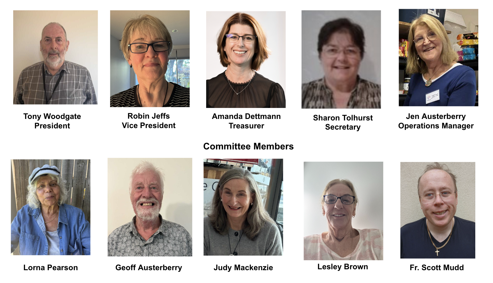 Group photo of eleven diverse individuals, some smiling. Top row (left to right): Tony Woodgate, Robin Jeffs, Amanda Dettmann, Sharon Tolhurst, Jen Austerberry. Bottom row (left to right): Lorna Pearson, Geoff Austerberry, Judy Mackenzie, Lesley Brown, Fr. Scott Mudd. Names and titles are labeled below each person.