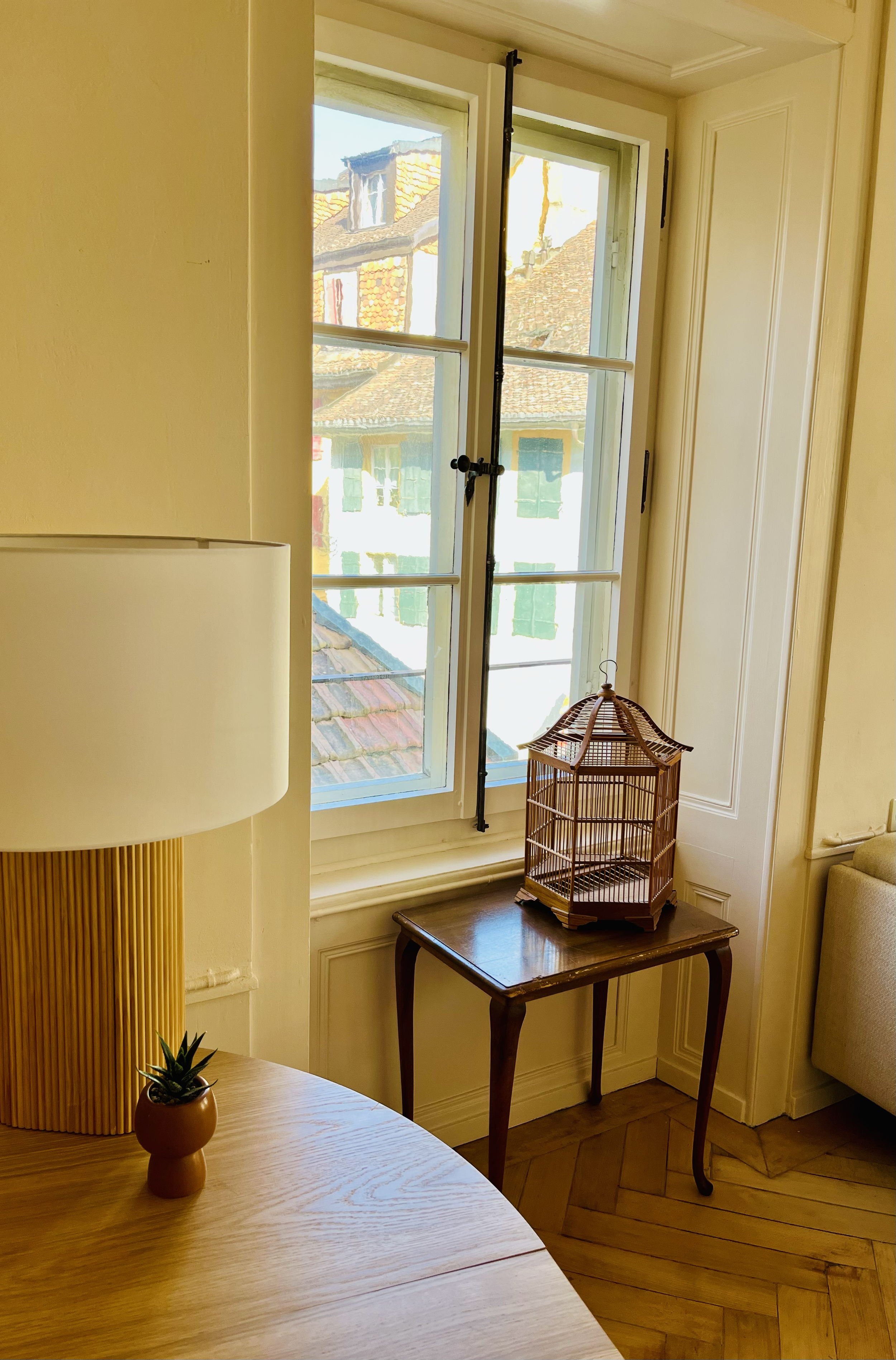 Vue intérieure d'une pièce avec table en bois, petite plante en pot, lampe avec abat-jour, fenêtre donnant sur des maisons avec toits en tuiles.