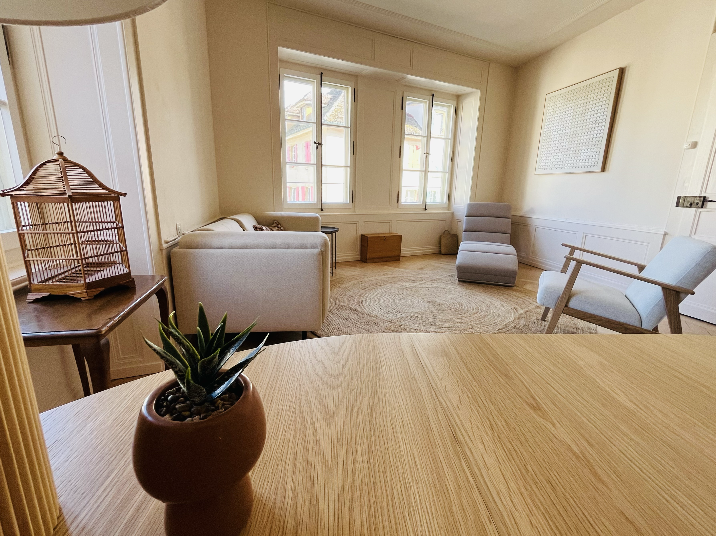 Salon lumineux avec des fenêtres, un tapis rond, un canapé beige, un fauteuil gris, une chaise en bois clair, une petite table, une plante en pot et une cage en bois sur une table.