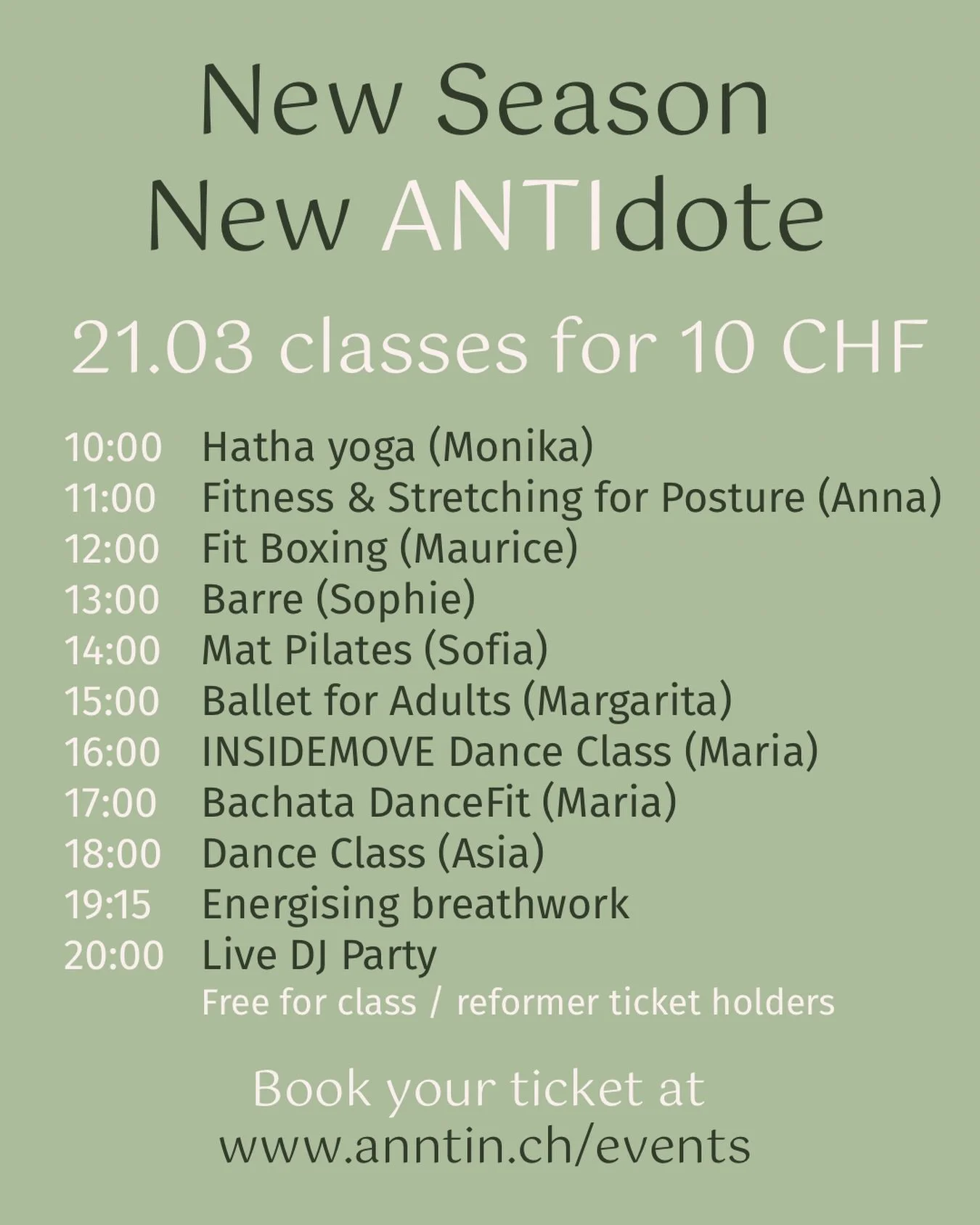 Spring is coming and so is the studio open day! ☀️
Join us next Saturday for day full of wellbeing practices. You can try different classes as each costs only 10 CHF and choose your new antidote for the upcoming season. Your class ticket is also your
