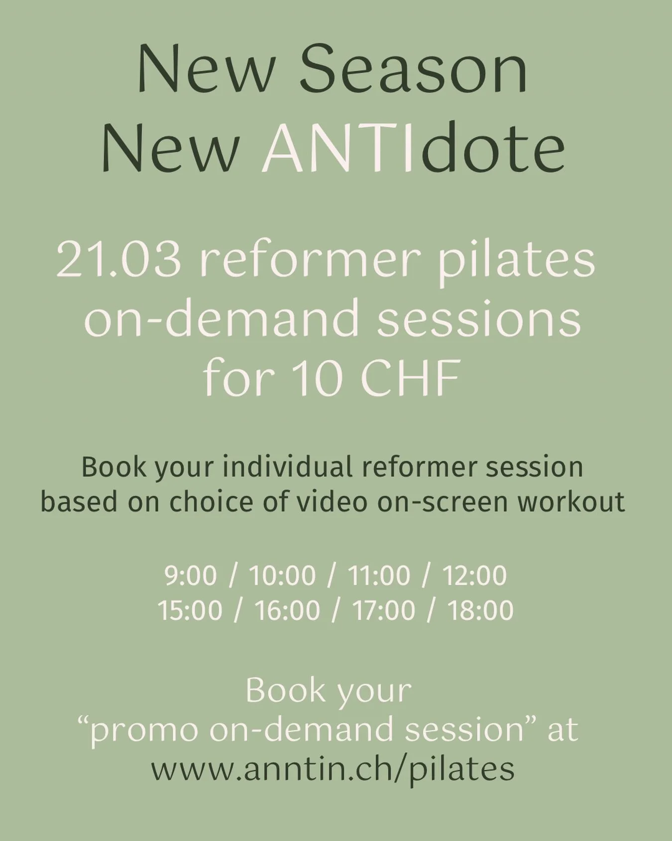 Celebrate the arrival of spring at our studio open day  and book a reformer pilates on-demand session for only 10 CHF! 🌷
 
This is your chance to experience an individual training at your own pace by choosing a video workout that fits your specific 