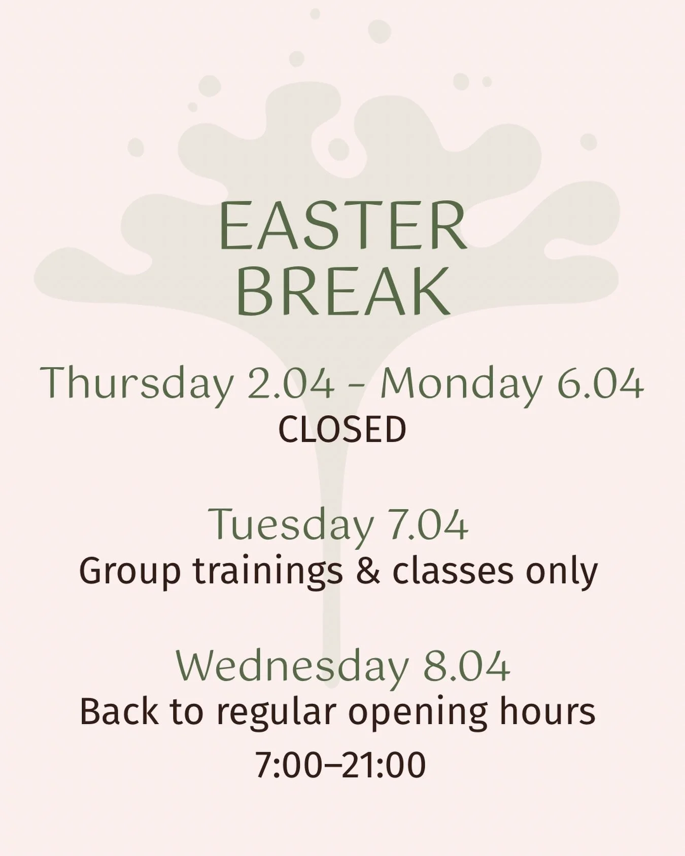 We&rsquo;re taking a little pause to recharge this Easter, so make sure to peek at our updated holiday schedule! 🐣

The studio will be fully closed from Thursday, April 2nd, through Monday, April 6th, to give our team and community a chance to rest.