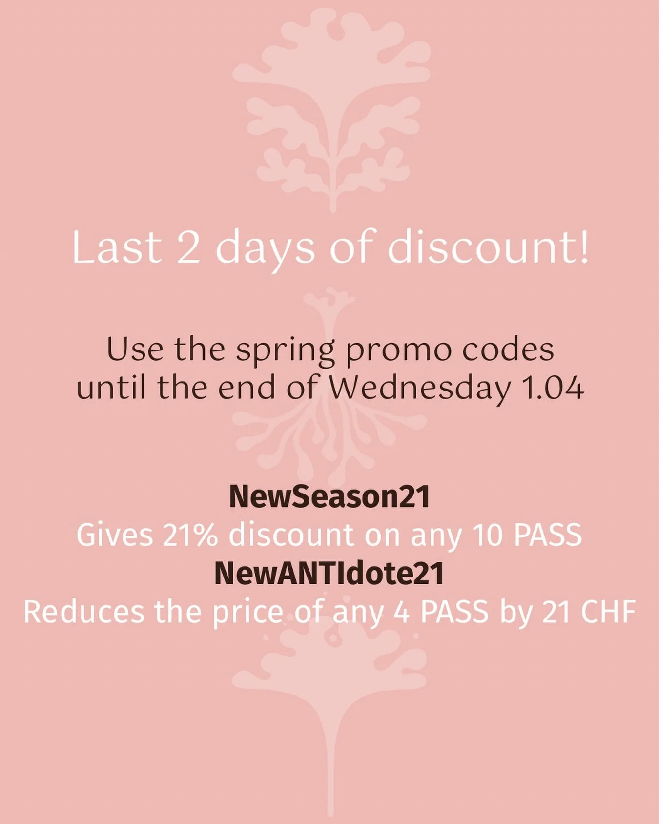 We want to help you keep your spring momentum going and find your new ANTIdote with a final chance to use the discount 💸

Our spring promo codes are only valid until tomorrow, so be sure to use them before they expire. You can apply NewSeason21 for 