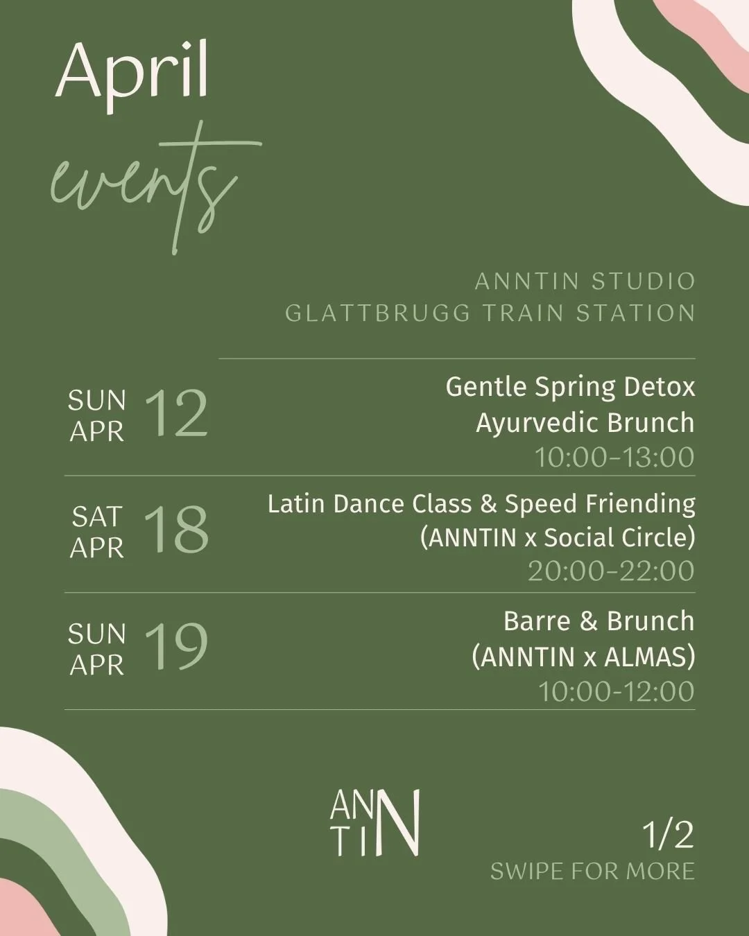 Our April events calendar is officially here, and it is overflowing with beautiful ways to move, nourish, and start connecting at ANNTIN 💫

Swipe through to find your perfect spring experience, whether it is our Ayurvedic Detox Brunch, Barre &amp; B