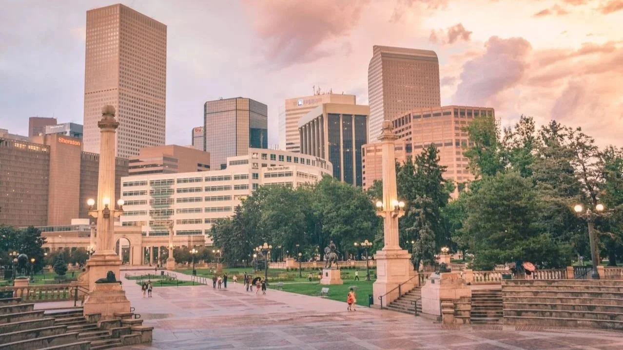 Downtown Denver skyline at sunset