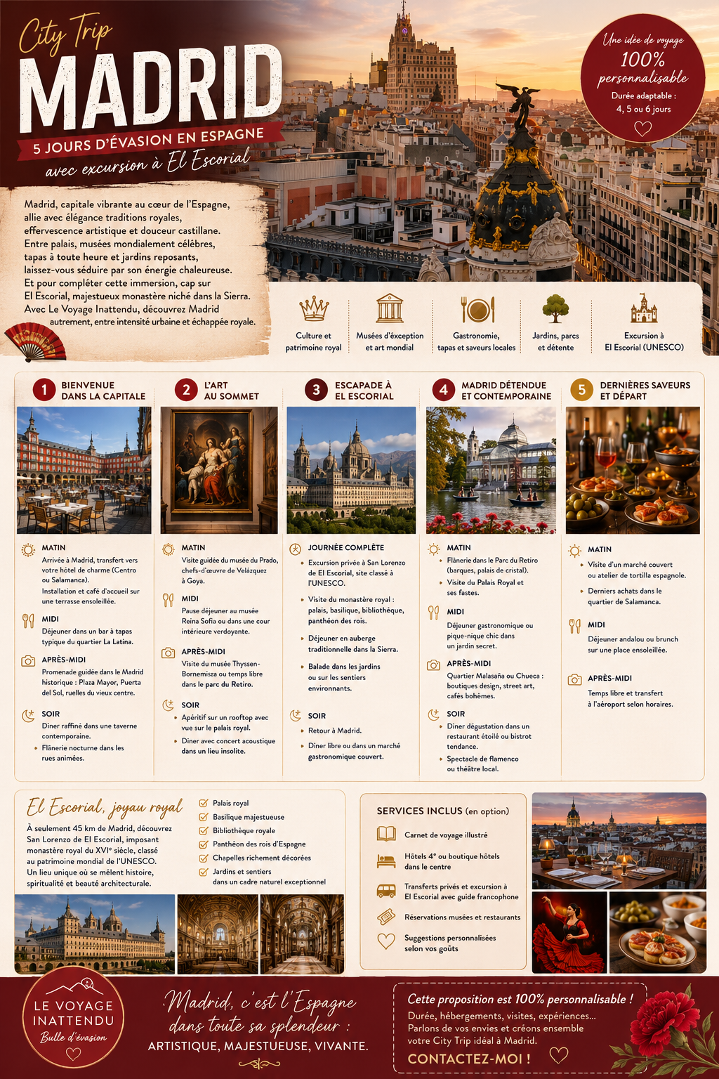 Affiche promotionnelle pour un voyage de cinq jours à Madrid, avec une vue de la ville au coucher du soleil au sommet de l'affiche et un aperçu des activités proposées, dont la visite de musées et de sites historiques, dégustations gastronomiques, et excursions dans la ville.