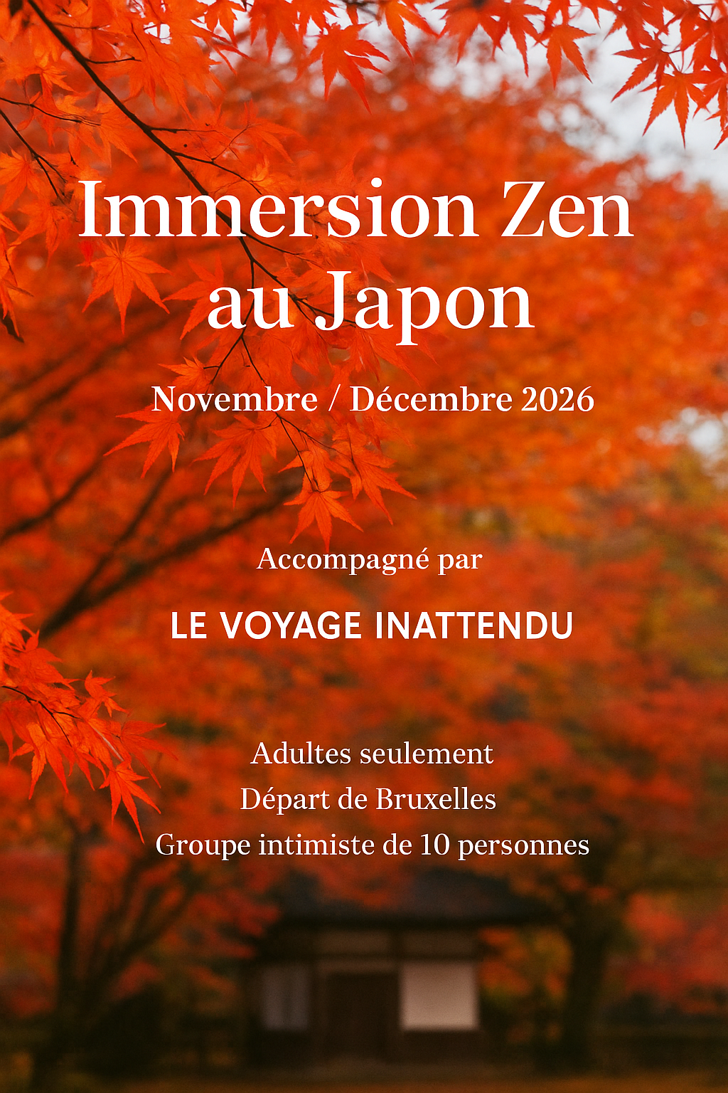 Feuilles d'érable orange et rouge avec un temple japonais en arrière-plan, promotion d'un voyage en immersion Zen au Japon en novembre/décembre 2026, pour adultes uniquement, départ de Bruxelles, groupe intime de 10 personnes.
