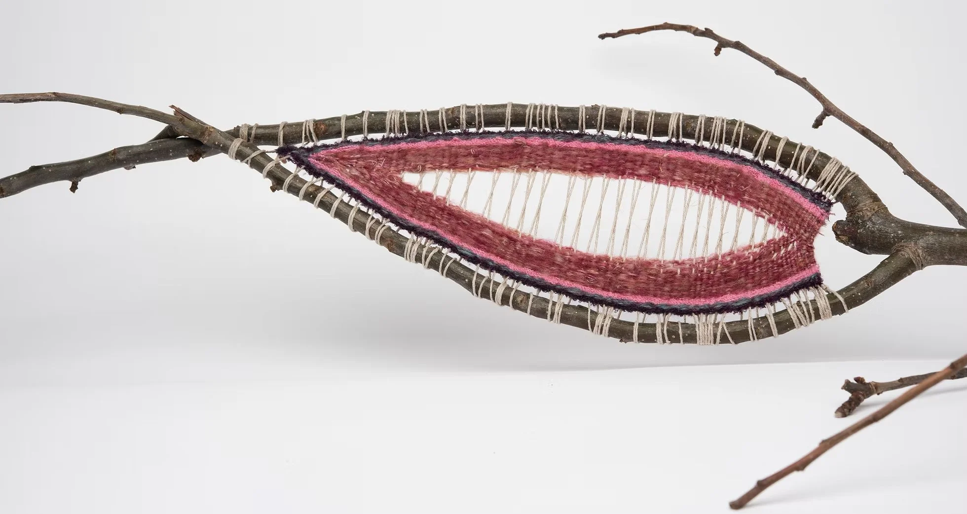 Yoni branch weaving, Wood, twine & wool, 30cm by 10cm