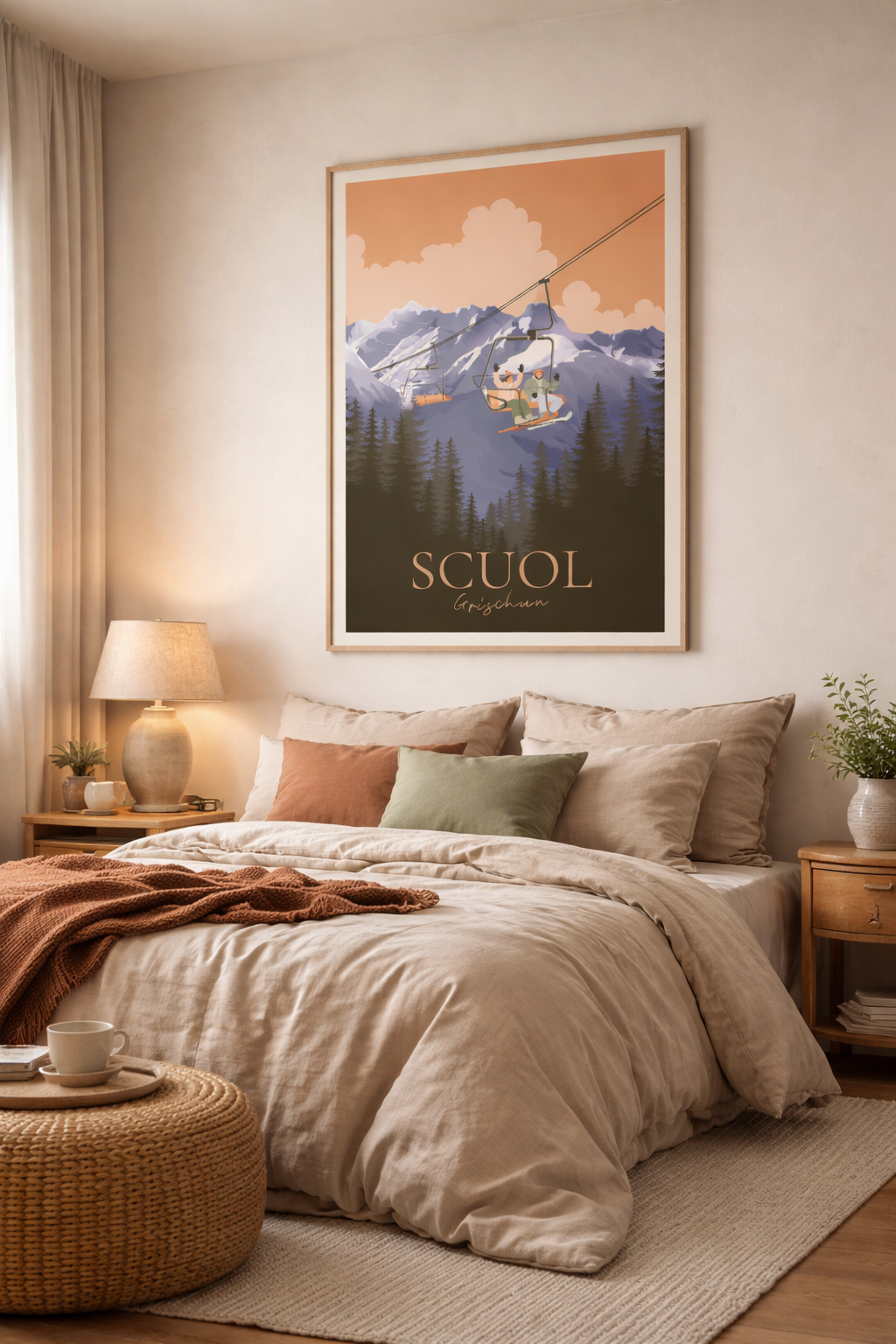 Cozy alpine bedroom with travel poster.png