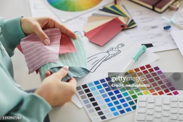 Person holding fabric swatches at a design table with color swatches, sketches, and fabric samples.