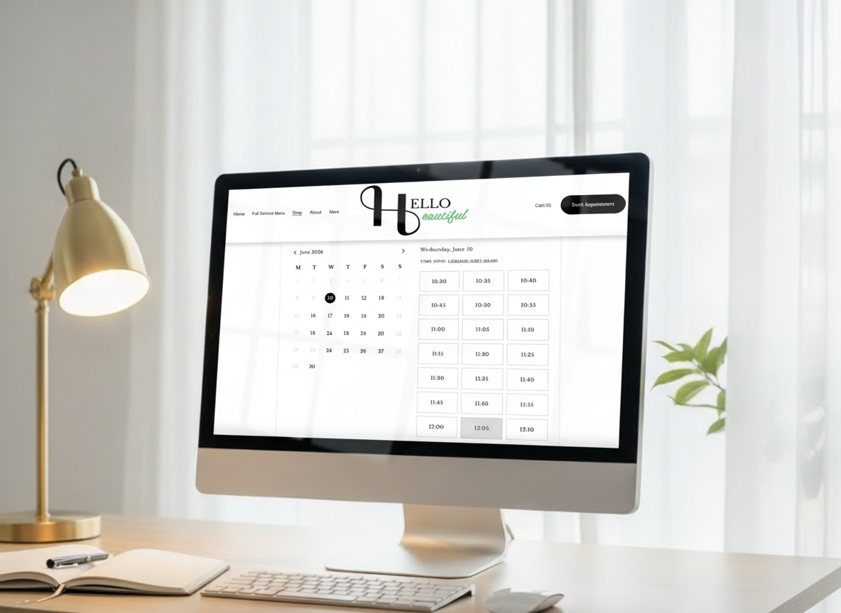 Online appointment scheduling page on a computer monitor for Hello Beautiful Style - in a bright office setting with a desk, a lamp, an open notebook, and a green plant.