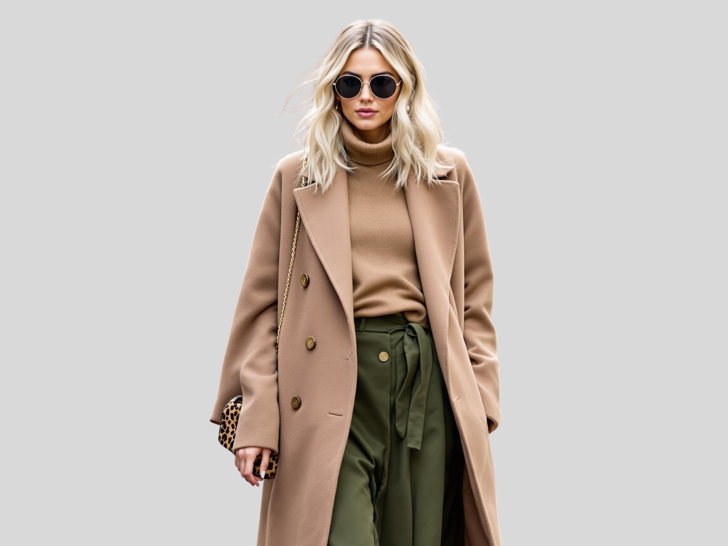 A woman with wavy blonde hair wearing black sunglasses, a tan turtleneck sweater, a beige overcoat, and olive green pants, standing against a light gray background.