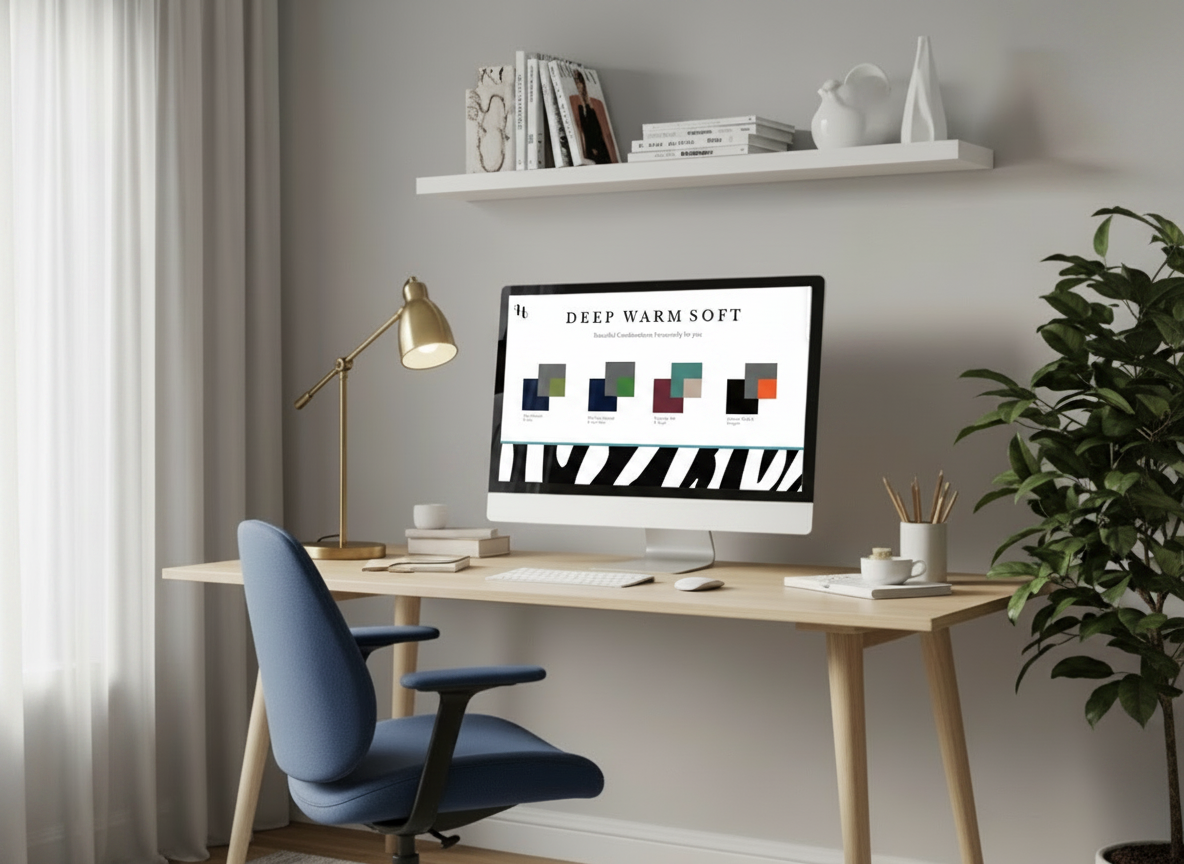 A modern home office with a light wooden desk, a blue office chair, a gold desk lamp, a computer monitor displaying a website, a small potted plant, and a large leafy green plant to the right. There is a white wall with a shelf holding books and decorative items, and a window with white curtains.