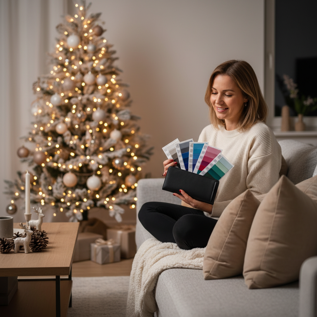 A smiling woman sitting on a beige couch holding a black wallet with color swatches inside, Christmas tree with lights and ornaments in the background, decorated with white and gold decorations, and wrapped gifts underneath.