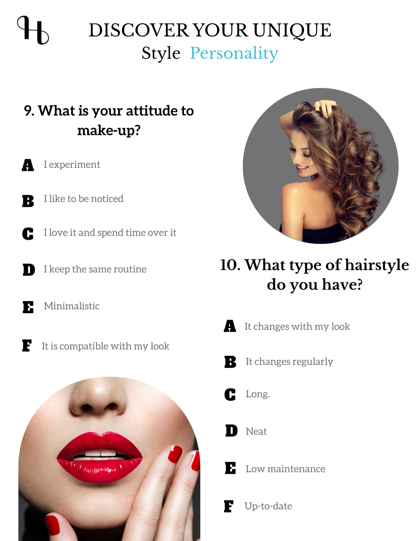 A graphic with a woman with long, curly brown hair and red lipstick, posing with her fingers near her lips, and a makeup image showing a close-up of lips and nails painted red. The graphic includes questions about makeup attitudes and hairstyle preferences.