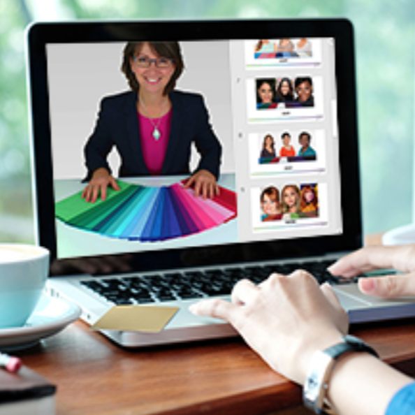 Person working on a laptop with a design software showing a woman with a colour palette and photo thumbnails on the screen.