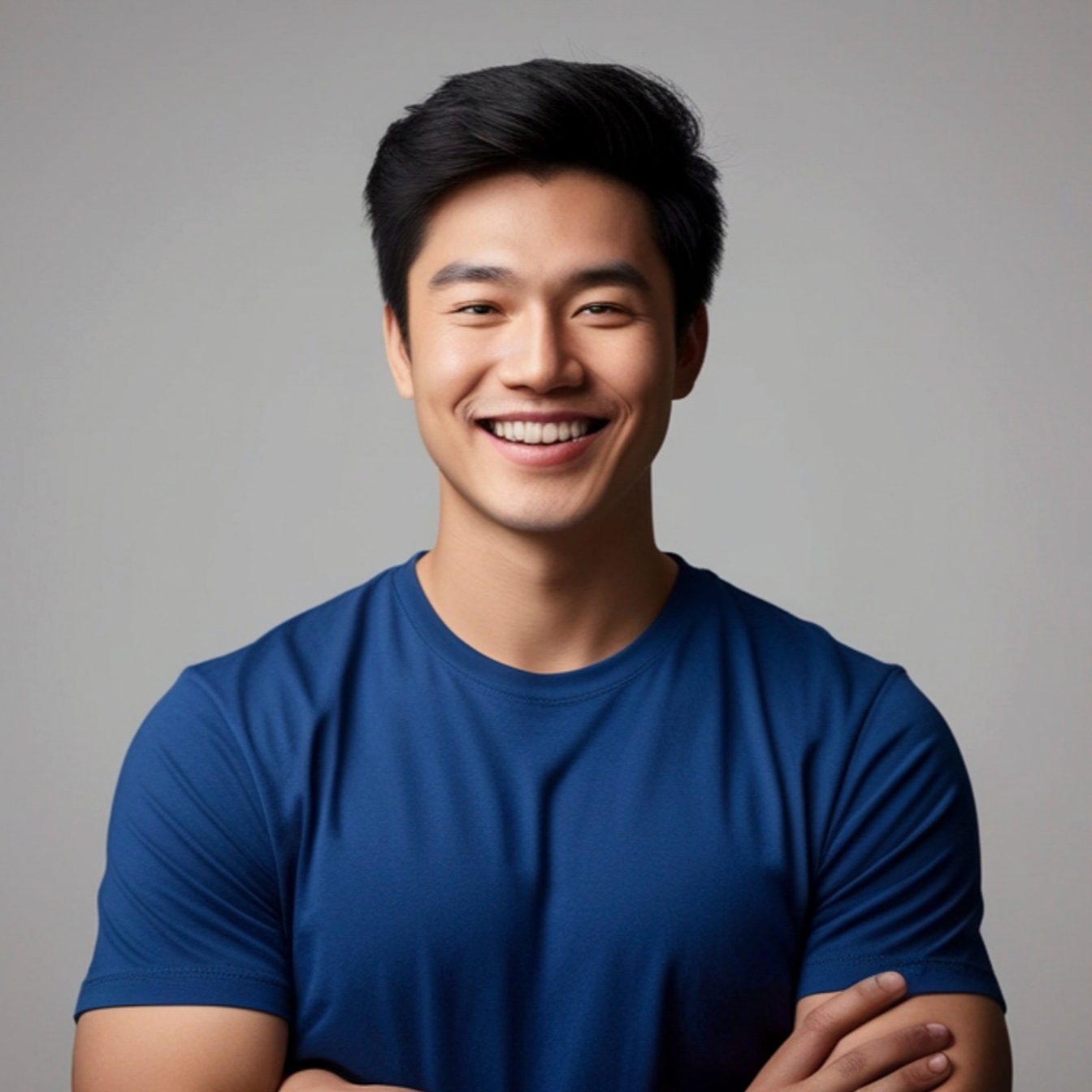 A young man with black hair smiling and crossing his arms, wearing a blue t-shirt, against a plain gray background.
